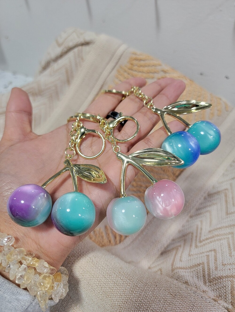3pcs Gold Cherry Keychain with Gradient Pastel Spheres - Mint, Pink, Purple